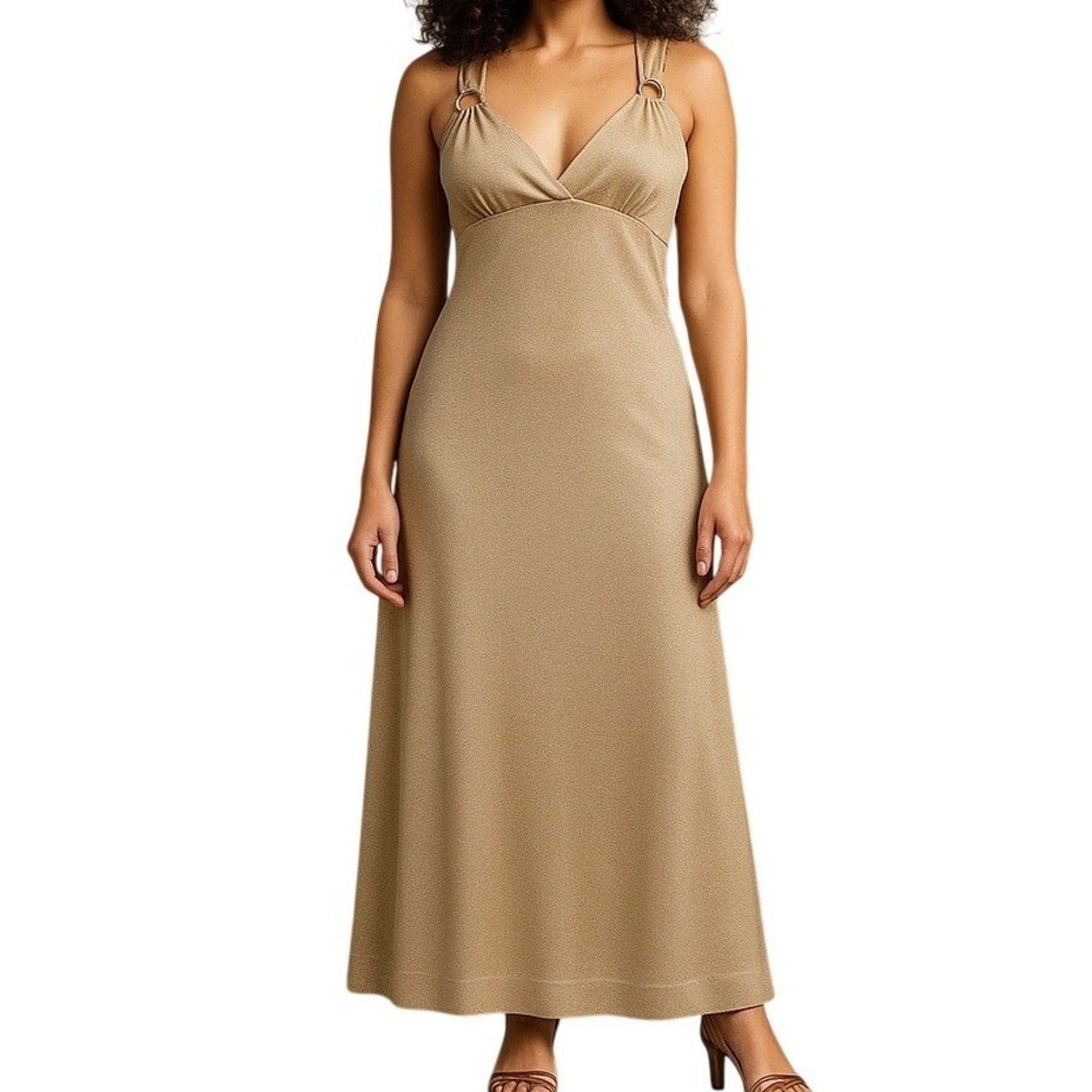 Vintage 70s 80s‎ Champagne Gold Maxi Dress Metallic VNeck O Ring Disco Gown